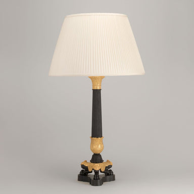 Bronze & gilt column light with pleated silk cream lampshade