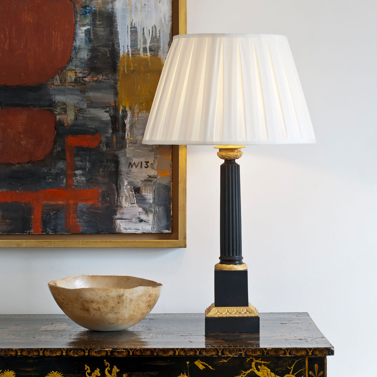 Cream Silk Box Pleated Lampshade on Column Light  & Modern Picture