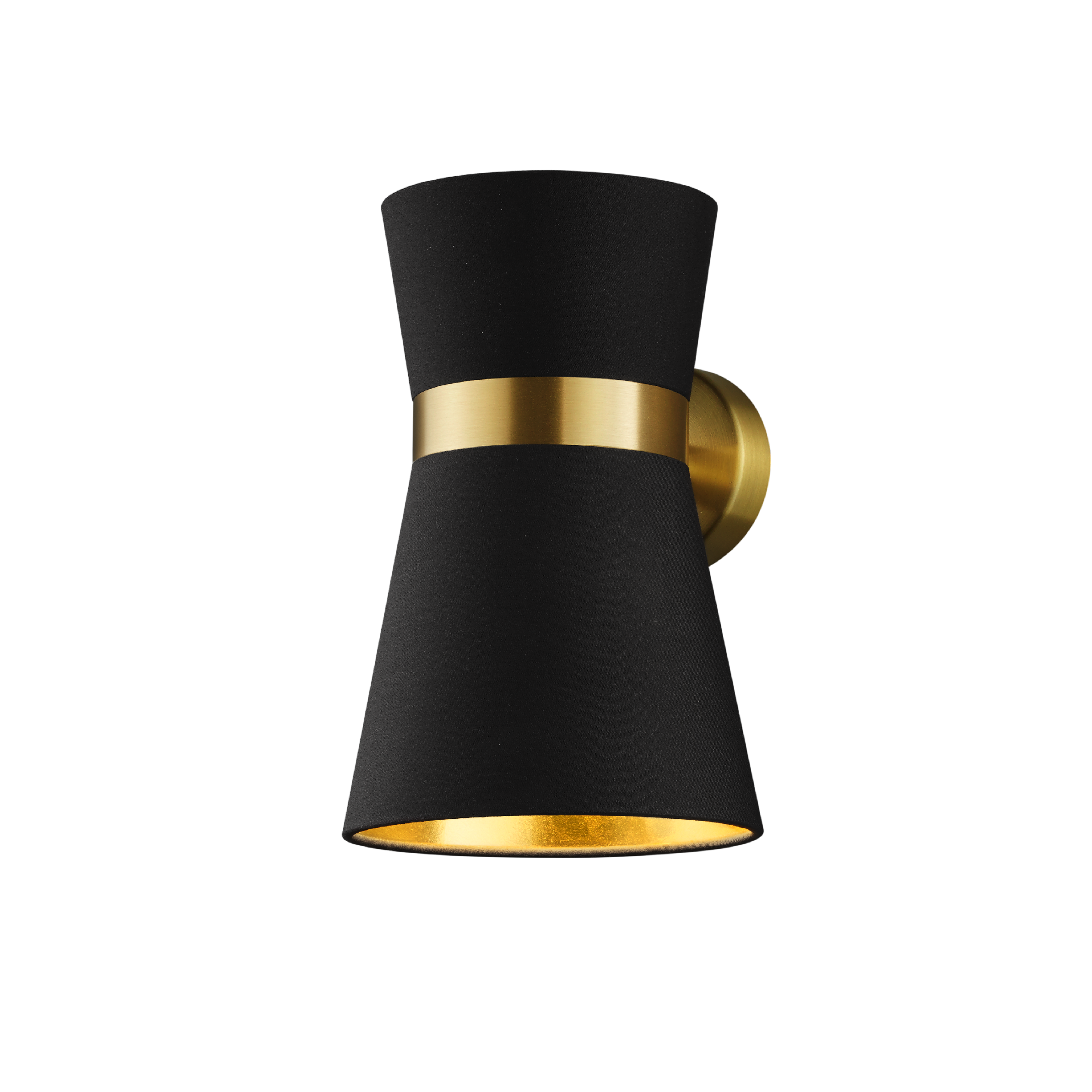 Baulmann dull brass twin wall light with black and gold shade