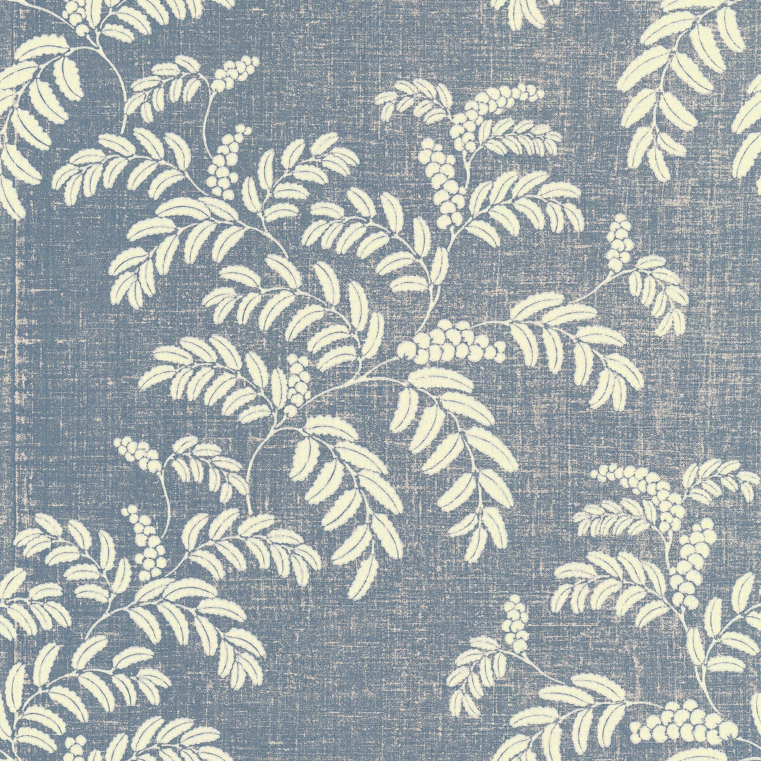 A foliage wallpaper pattern, Acacia in Jeans Blue.