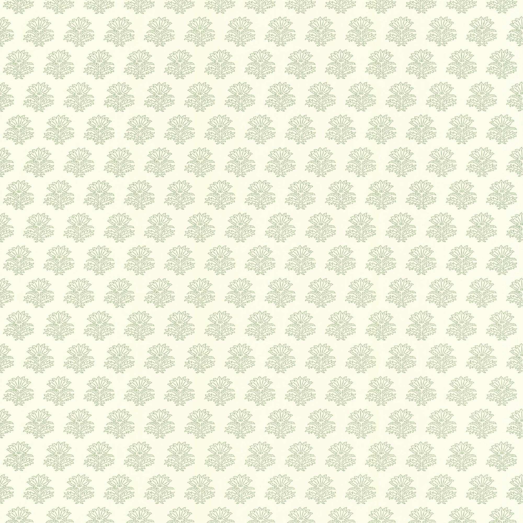 A block-print floral wallpaper pattern, India in Sage Green.