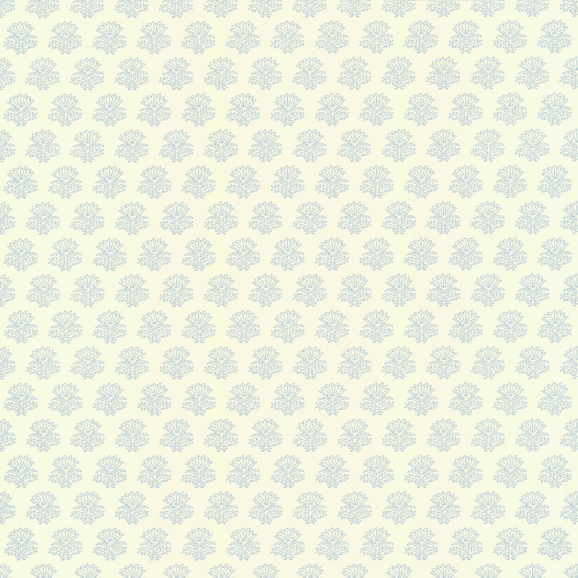 A block-print floral wallpaper pattern, India in Vintage Blue.