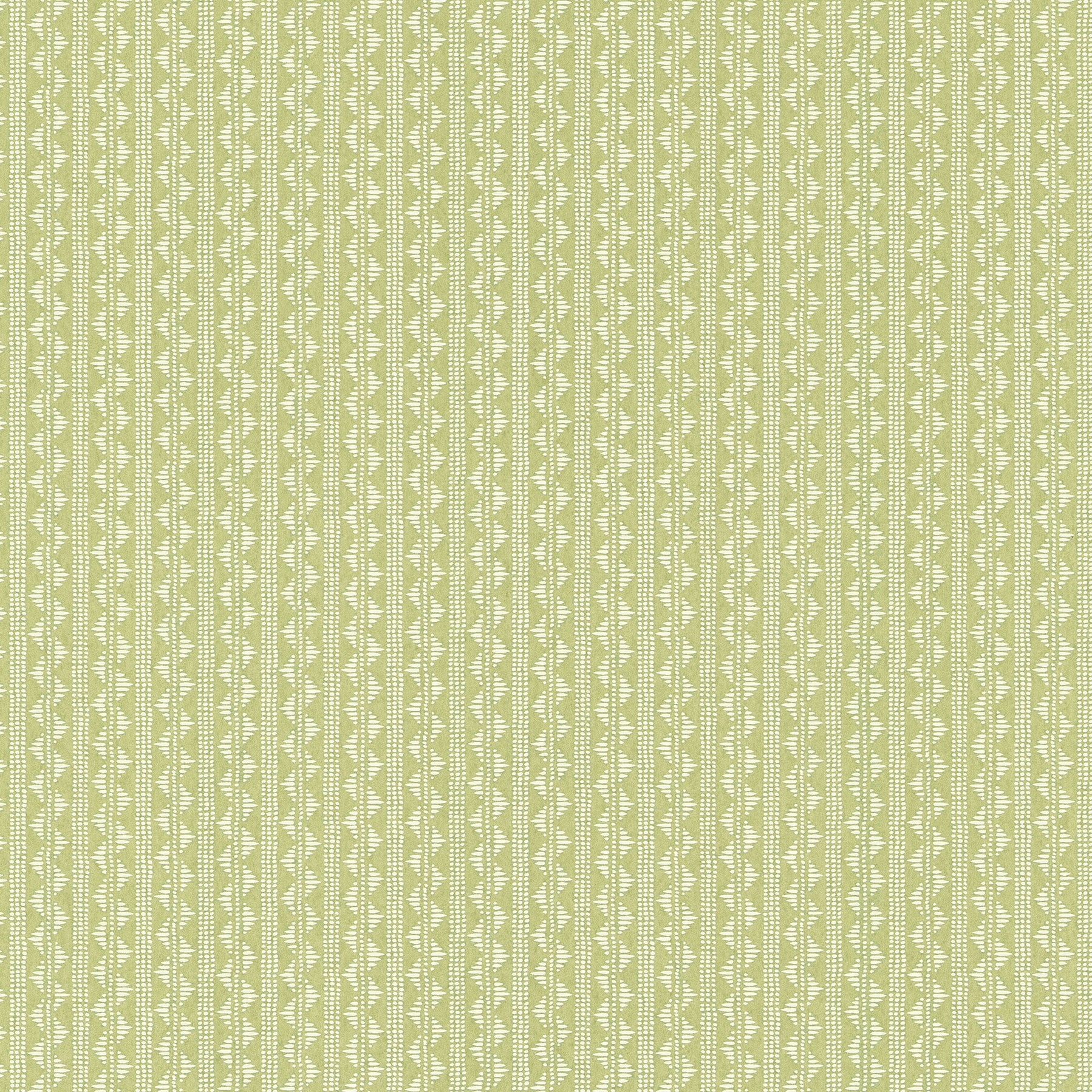 A close-up of wallpaper pattern featuring vertical stripes with a woven texture and small geometric motifs in light sage green and cream.