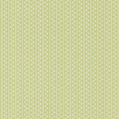 A close-up of wallpaper pattern featuring vertical stripes with a woven texture and small geometric motifs in light sage green and cream.