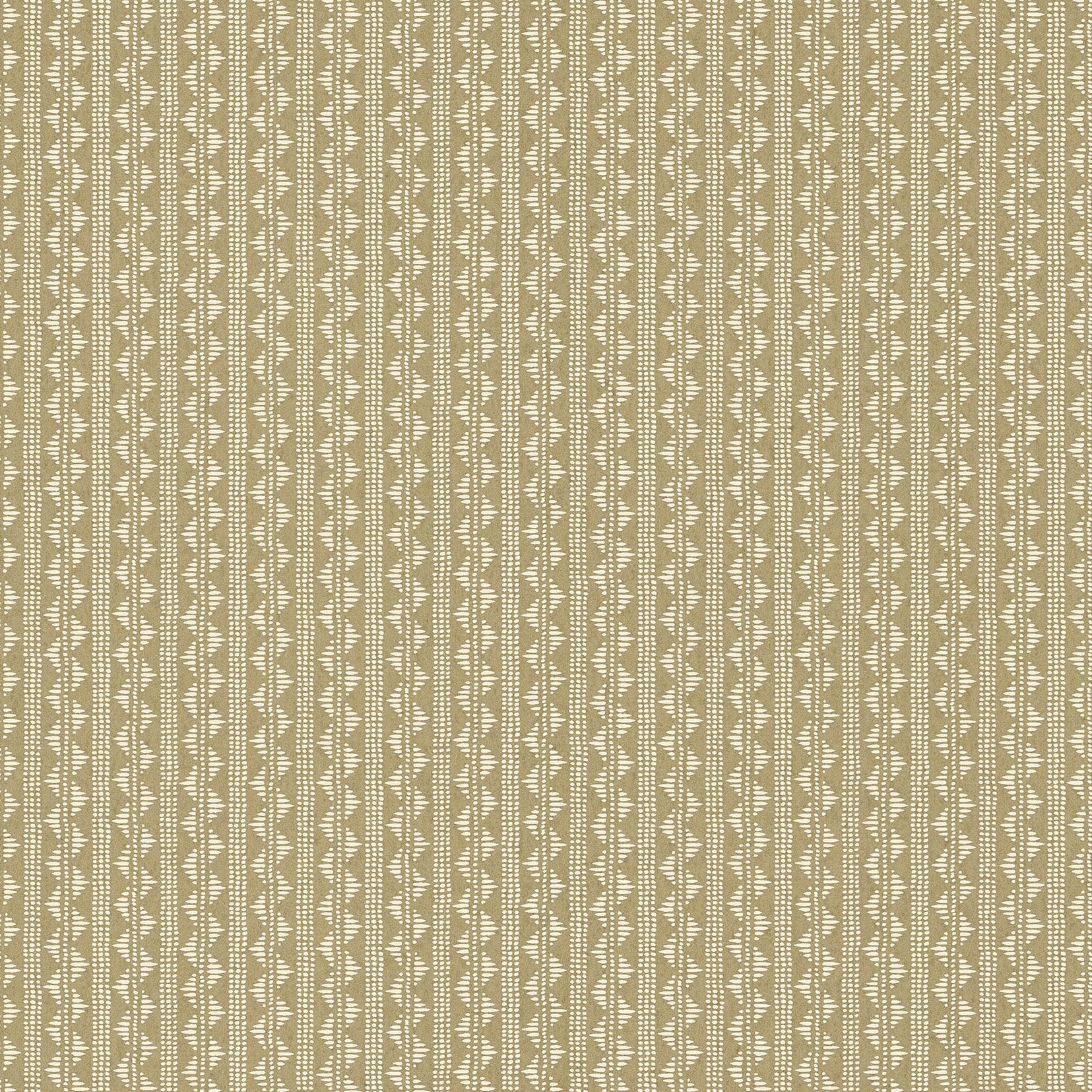 A close-up of a  wallpaper pattern featuring vertical stripes with intricate white geometric and tribal-style motifs on a warm beige background.