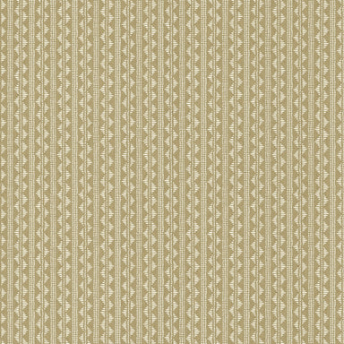A close-up of a  wallpaper pattern featuring vertical stripes with intricate white geometric and tribal-style motifs on a warm beige background.