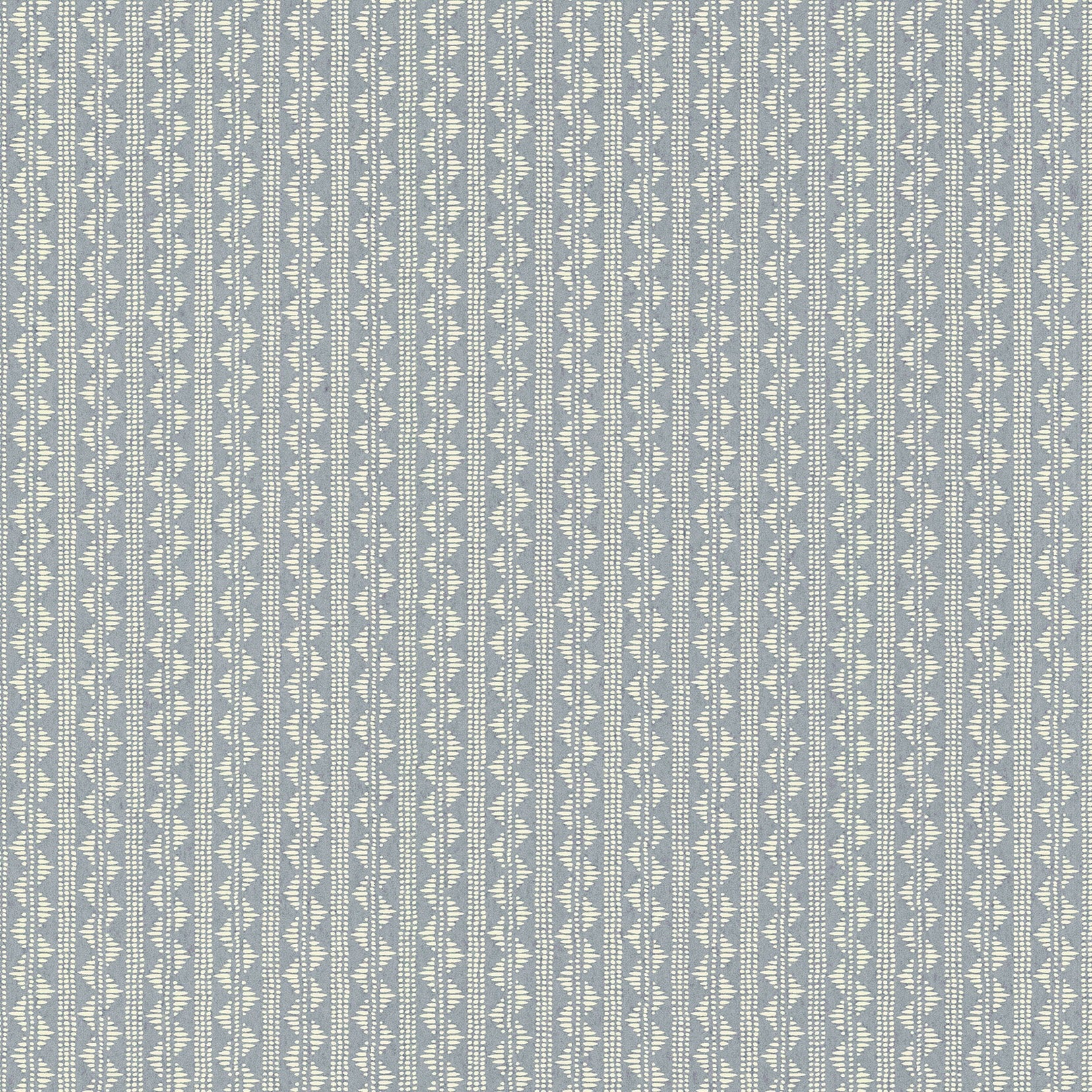 A close-up of a repeating wallpaper pattern featuring vertical stripes in a muted blue-gray and off-white colorway.