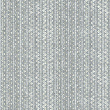 A close-up of a repeating wallpaper pattern featuring vertical stripes in a muted blue-gray and off-white colorway.