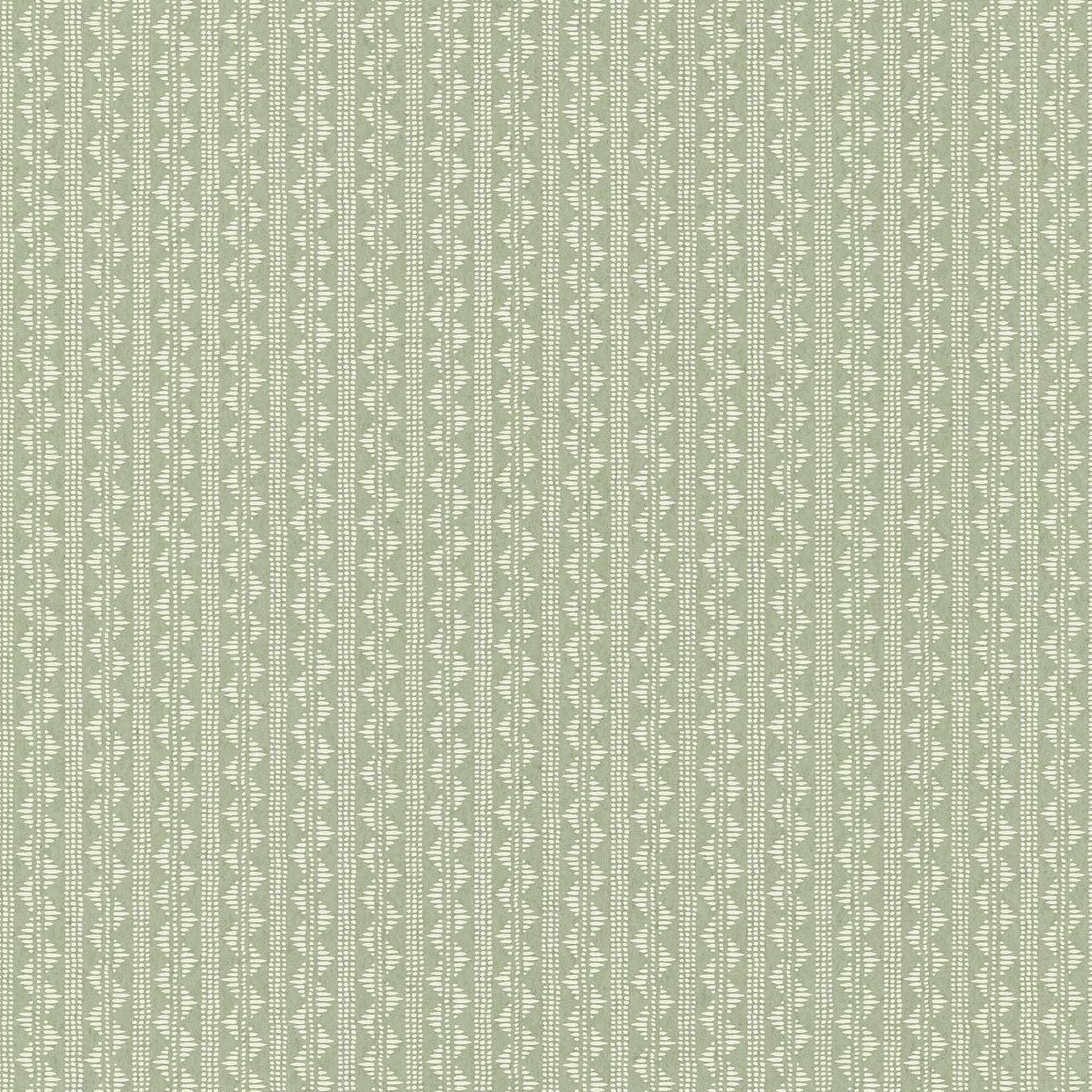 A close-up of a wallpaper pattern featuring vertical stripes with small white geometric and leaf-like motifs on a muted sage green background.