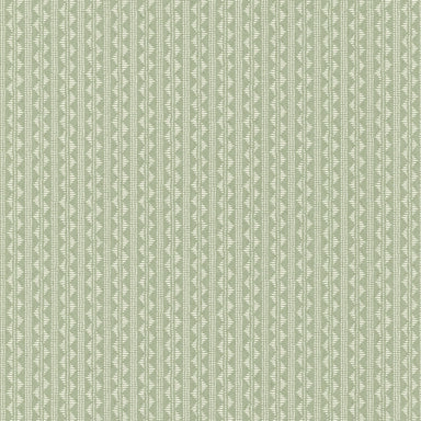 A close-up of a wallpaper pattern featuring vertical stripes with small white geometric and leaf-like motifs on a muted sage green background.