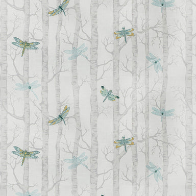 Image of embroidered fabric with dragonflies and trees in aqua and teal colour way