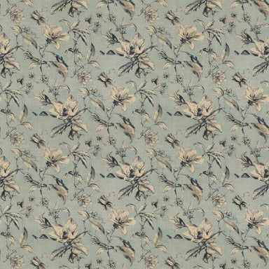 Printed floral design linen fabric in ink blue colour way