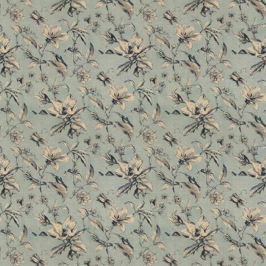 Printed floral design linen fabric in ink blue colour way