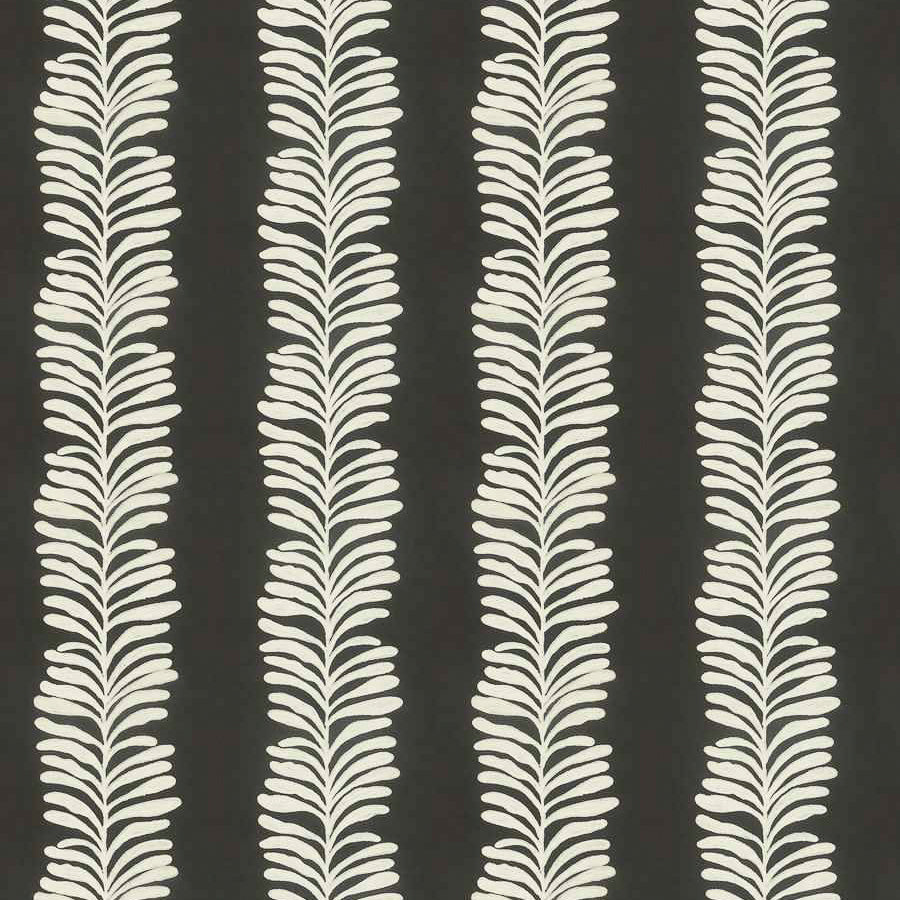 embroidered fabric in charcoal and cream of leaves in stripe pattern