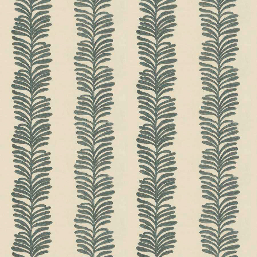 embroidered fabric in jade and cream of leaves in stripe pattern