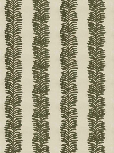 embroidered fabric in olive and cream of leaves in stripe pattern