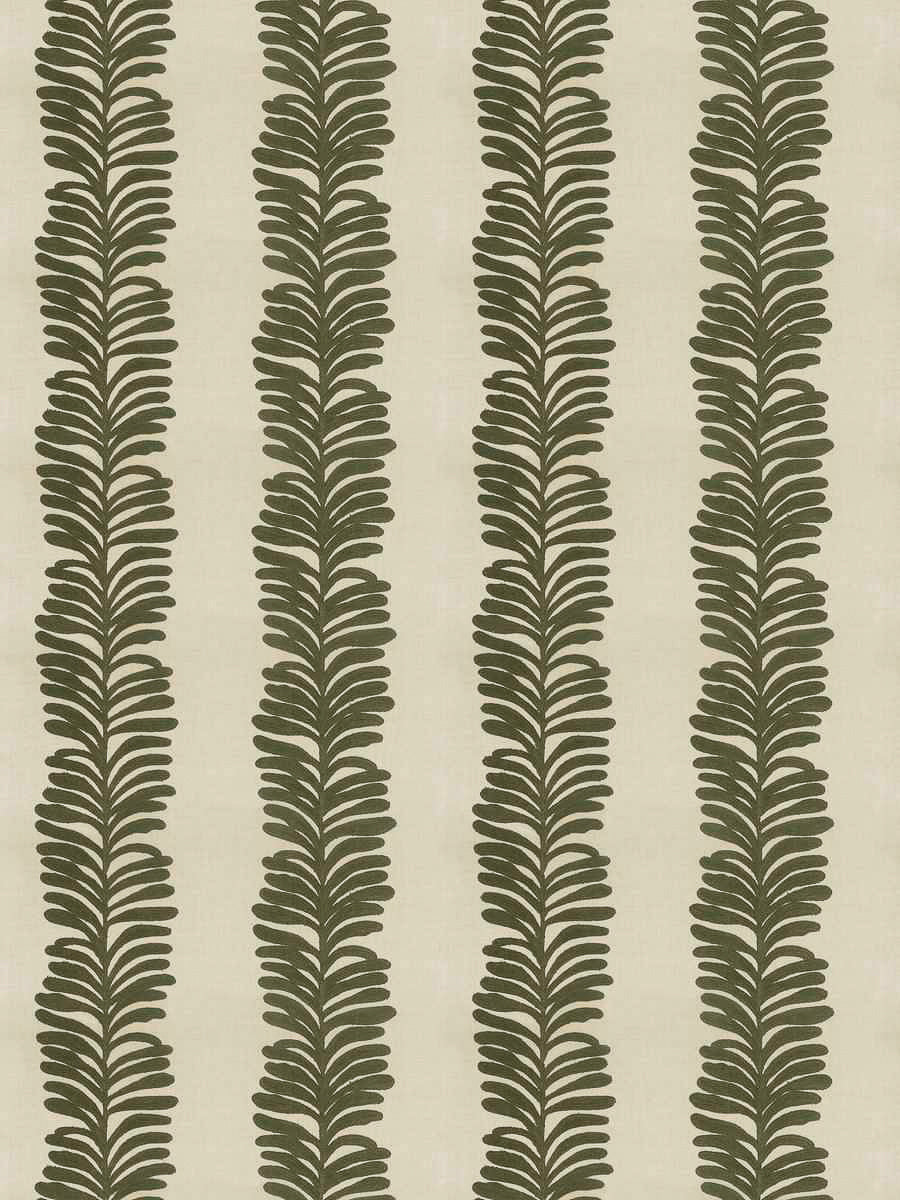 embroidered fabric in olive and cream of leaves in stripe pattern