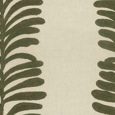 detail of embroidered fabric in olive and cream of leaves in stripe pattern