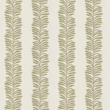 embroidered fabric in pale green and cream of leaves in stripe pattern