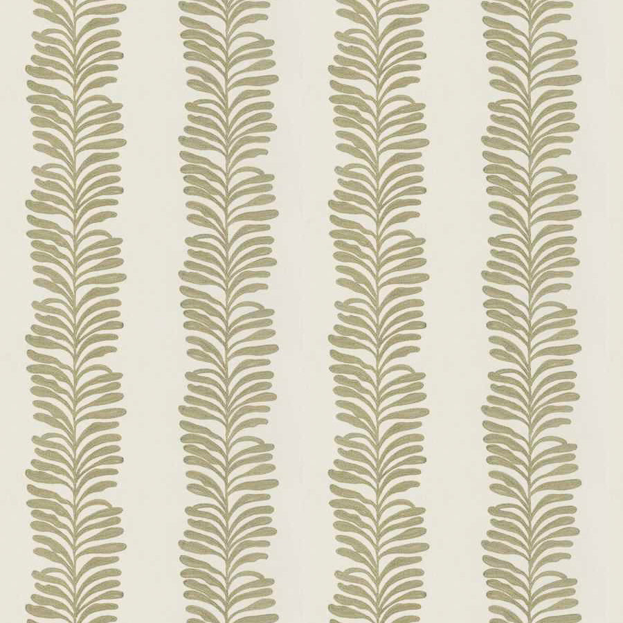 embroidered fabric in pale green and cream of leaves in stripe pattern