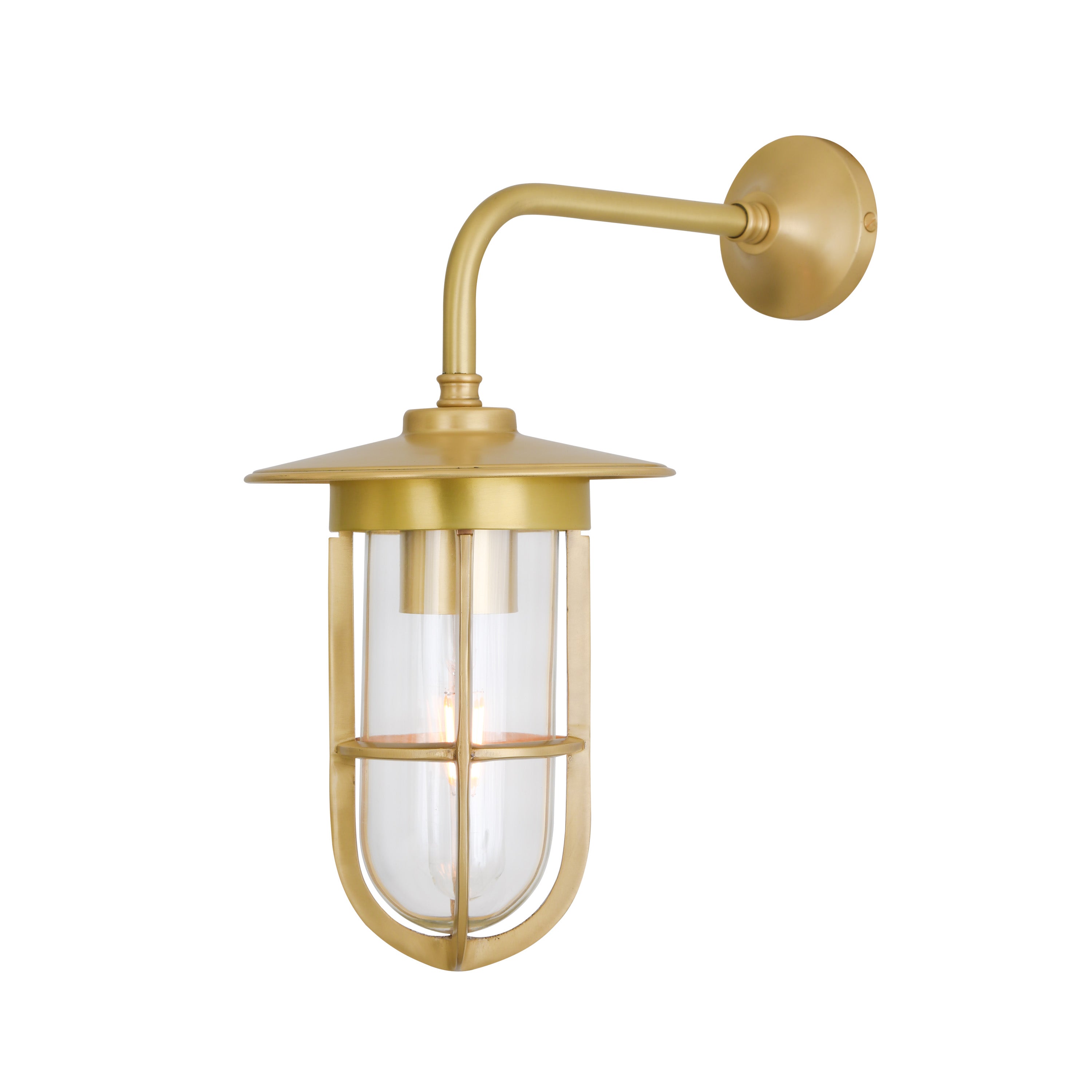 Satin brass outdoor wall light fixture with clear glass cover on a white background