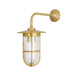 Satin brass outdoor wall light fixture with clear glass cover on a white background