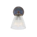 Wall-mounted light fixture in antique brass with prismatic glass shade on a white background