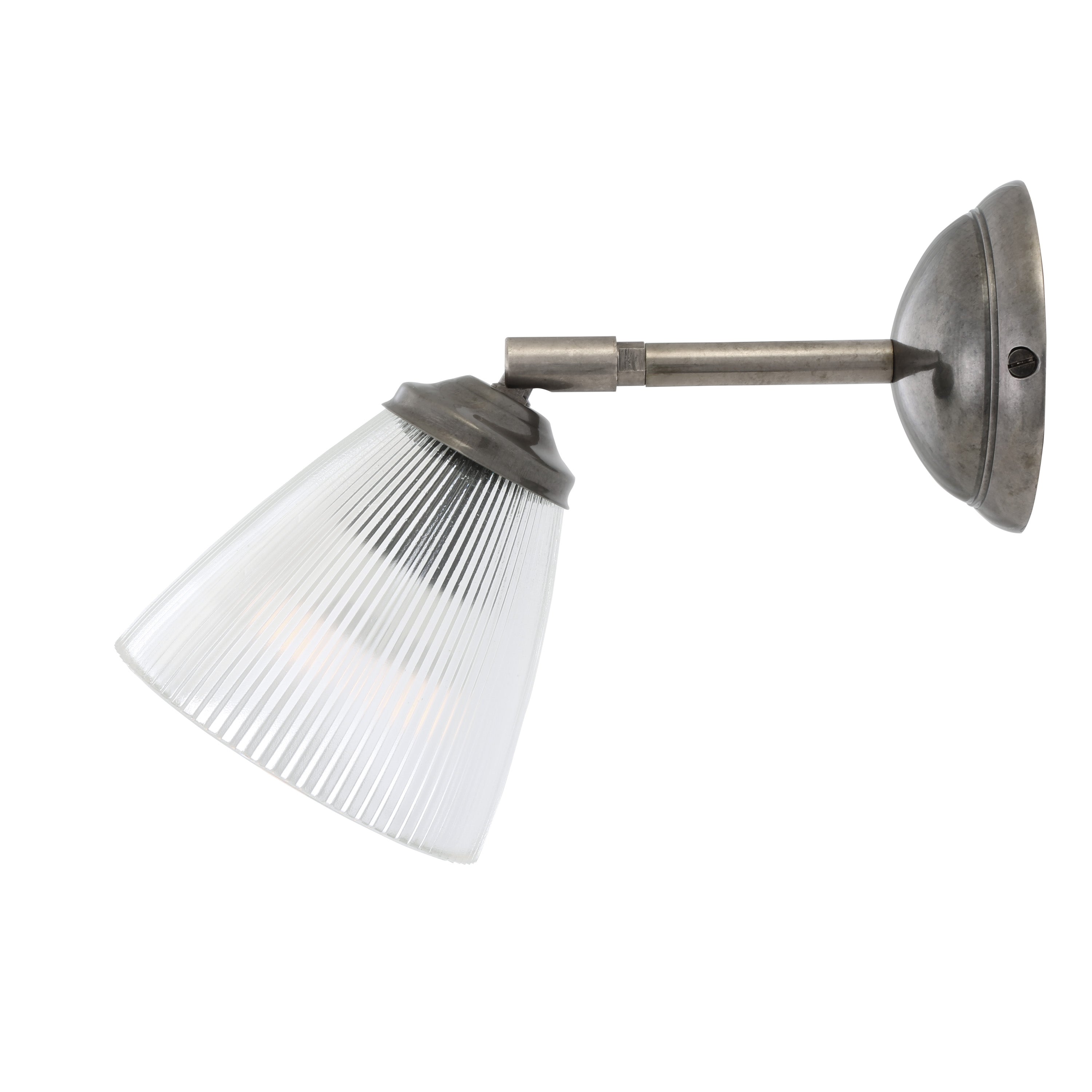 Wall-mounted light fixture in antique silver with prismatic glass shade on a white background