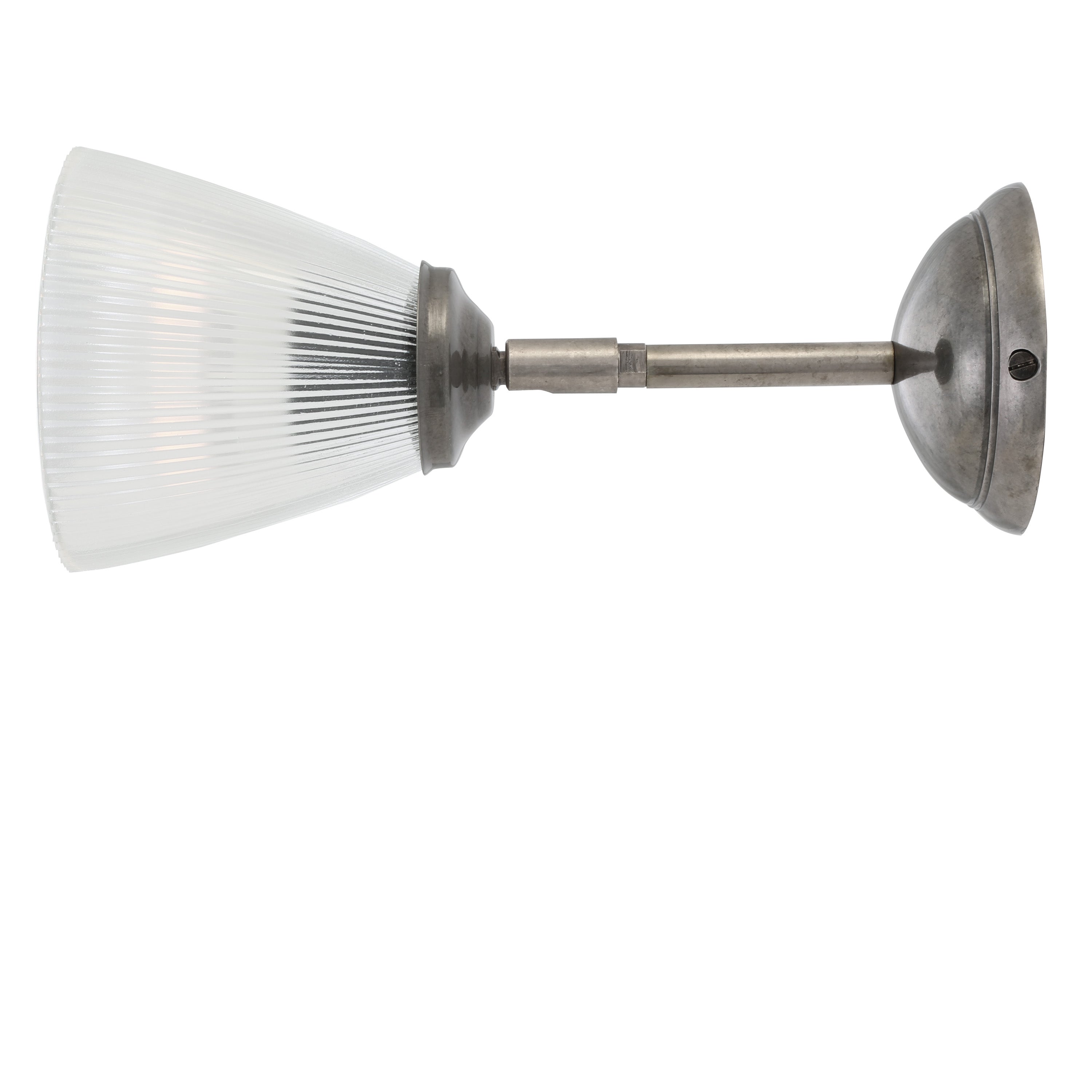 Wall-mounted light fixture in antique silver with prismatic glass shade on a white background