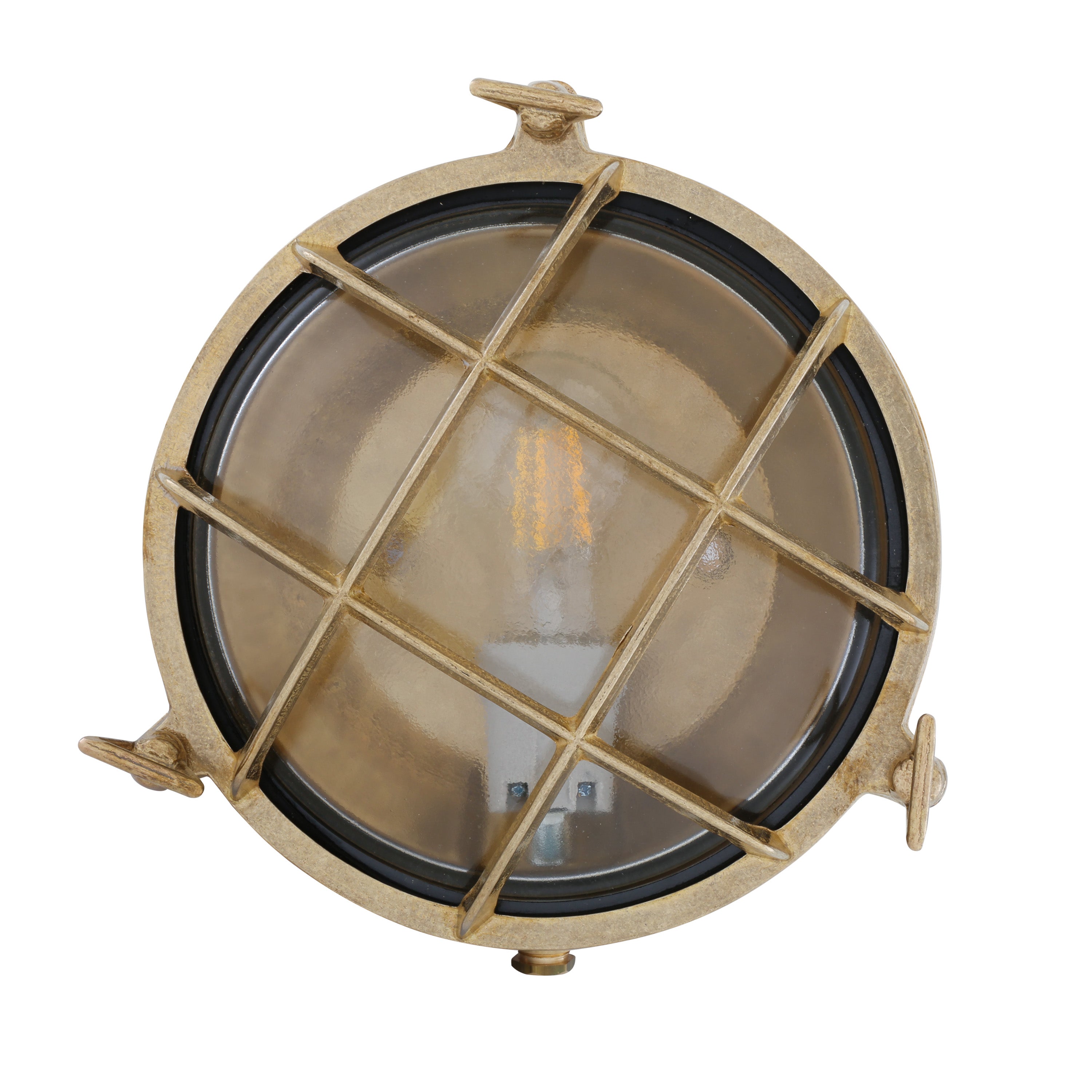 Round brass light fixture with grid design on a white background