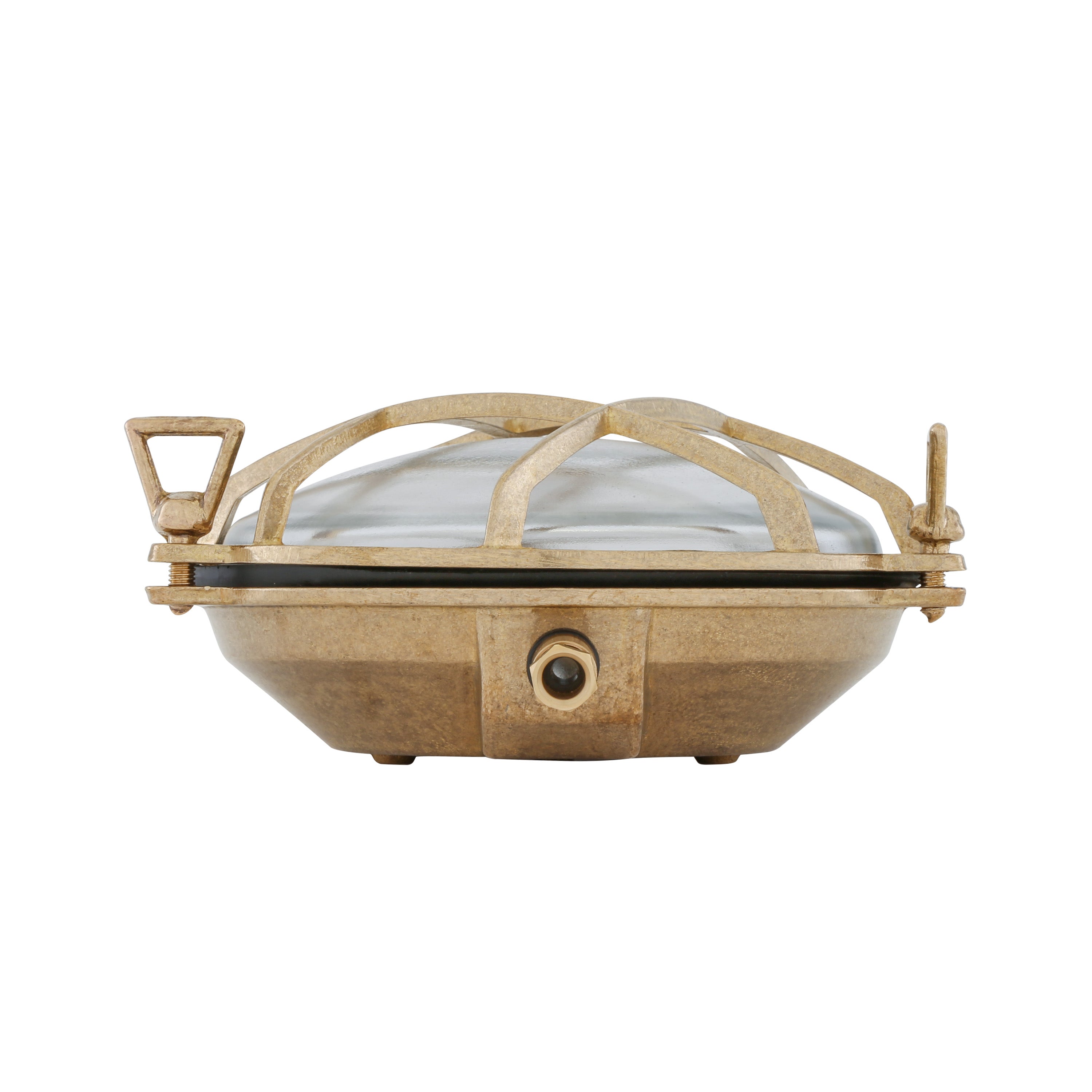 Round brass light fixture with grid design on a white background  side view