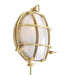 Round brass light fixture with grid design on a white background - side view