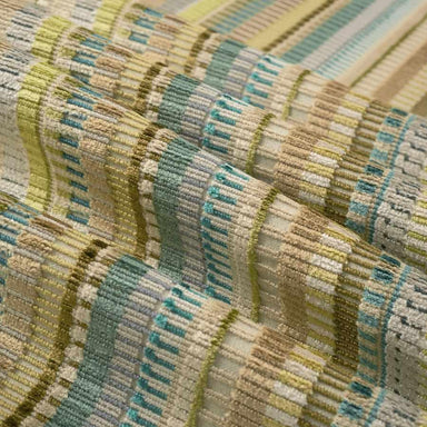 Textured velvet fabric with horizontal stripes in beige, green, and brown.