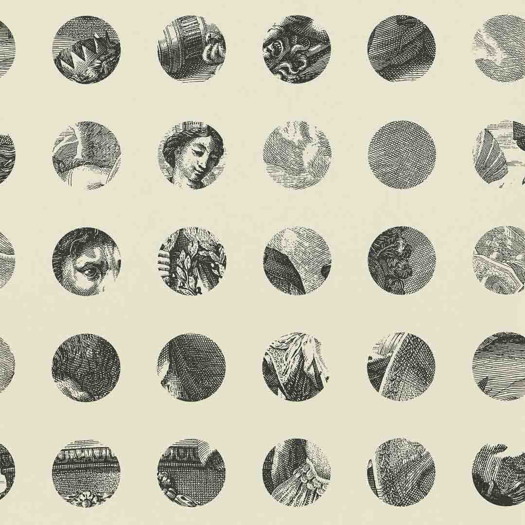 Wallpaper of black and white circular illustrations on a beige background