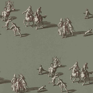 Pattern of classical figures and animals on a green background