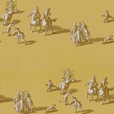 Pattern of black and white illustrations of people and animals on a yellow background