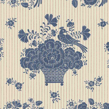 Decorative pattern with blue flowers and a bird on a beige background