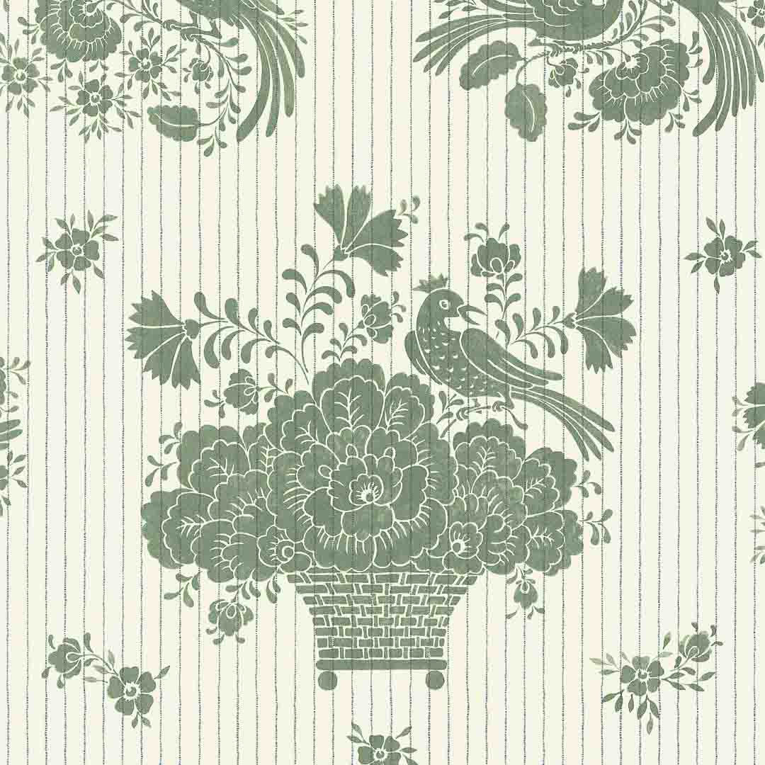 Decorative wallpaper with floral and bird pattern on a striped background