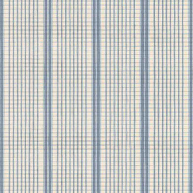 A close-up of a wallpaper pattern featuring vertical stripes in faded denim blue and warm cream with a fine grid texture.