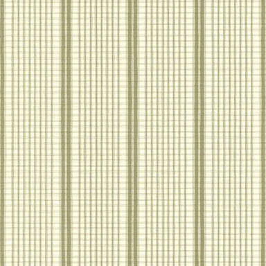 A close-up of a wallpaper pattern featuring vertical stripes in muted green and warm beige with a fine grid texture.