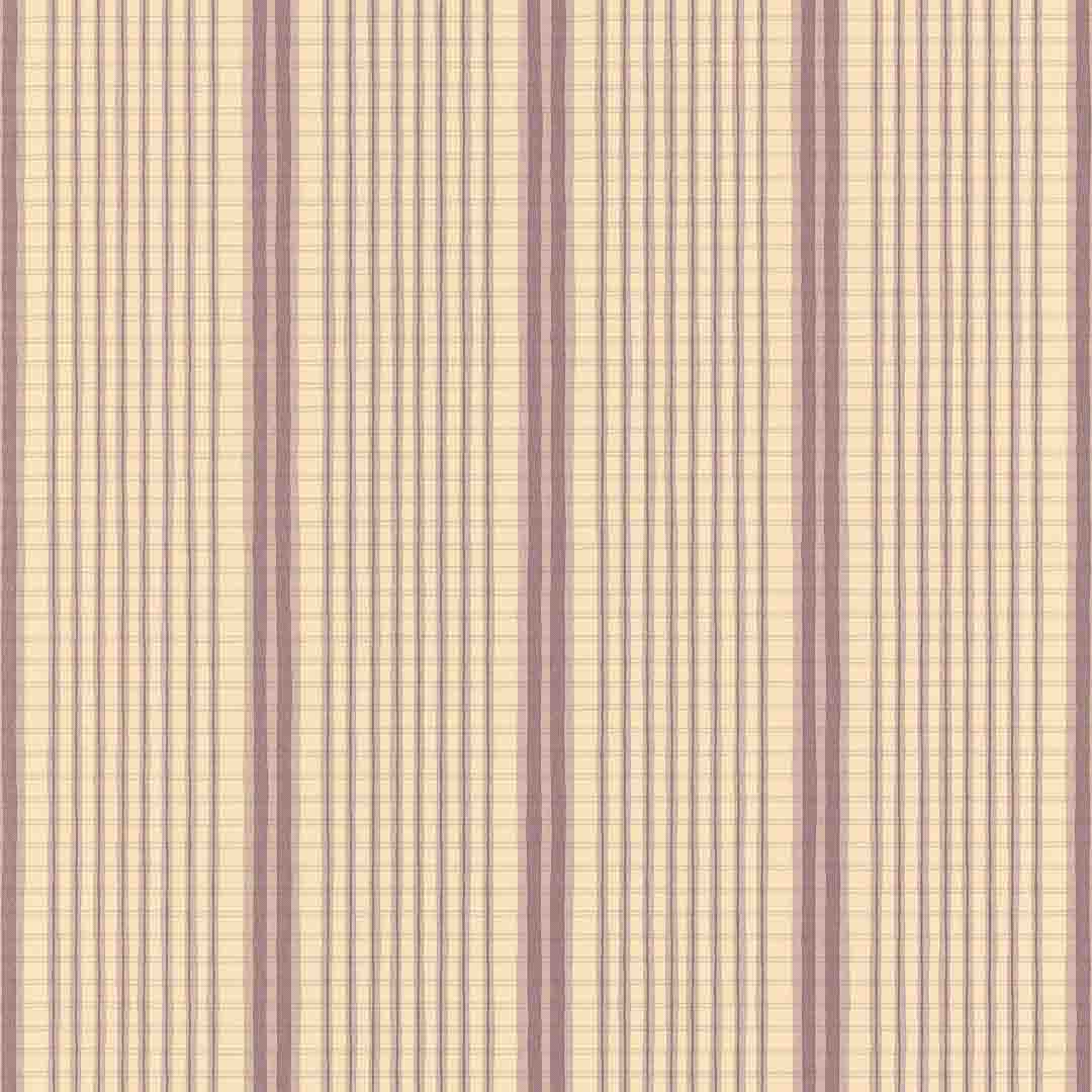 A close-up of a wallpaper pattern featuring vertical stripes in muted mauve and warm beige with a fine grid texture.