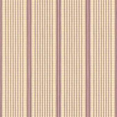 A close-up of a wallpaper pattern featuring vertical stripes in muted mauve and warm beige with a fine grid texture.