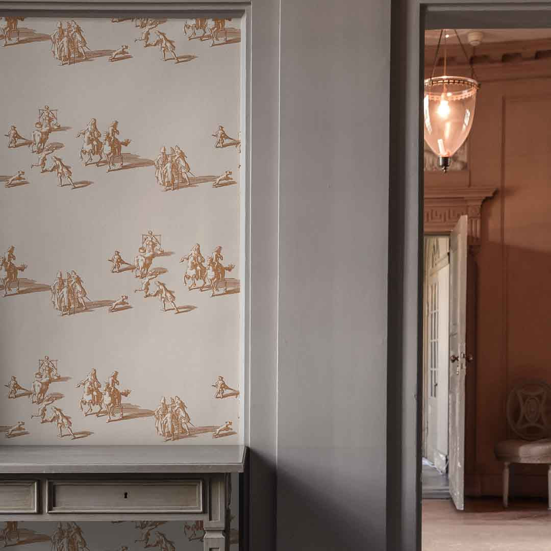 Wallpaper with historical scene design in a room with a chandelier.