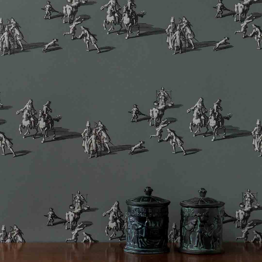 Pattern of classical figures and animals on a green background and decorative urns on a dark surface