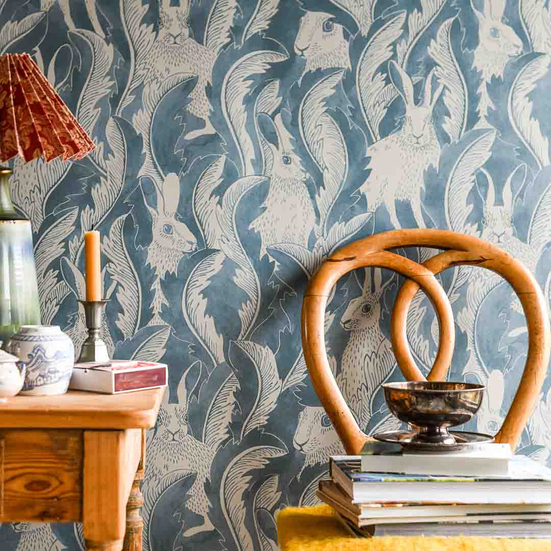 Wallpaper - Hare in Hiding - Smokey Blue