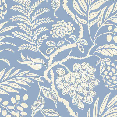 Floral and leaf pattern in white on a blue background