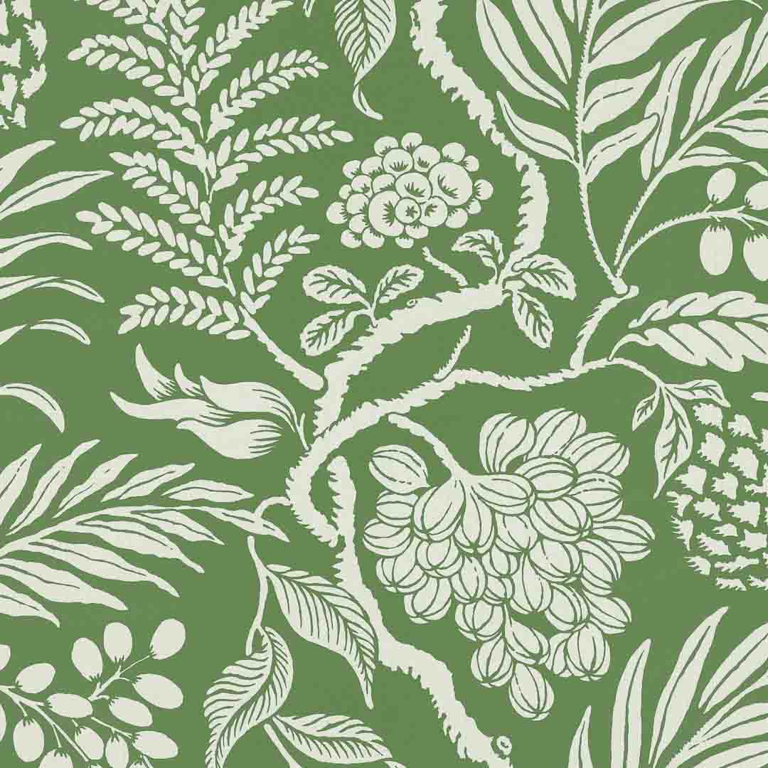 Botanical pattern with leaves and flowers on a green background