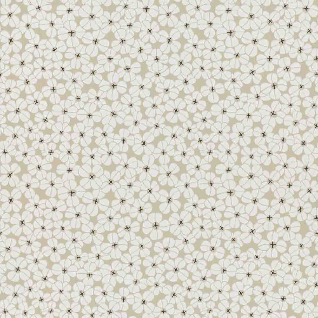 Pattern of small white flowers with black centers on a beige background