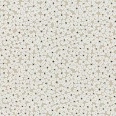 Pattern of small white flowers with black centers on a beige background
