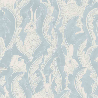Wallpaper design pf hares hiding in leaves  in denim blue